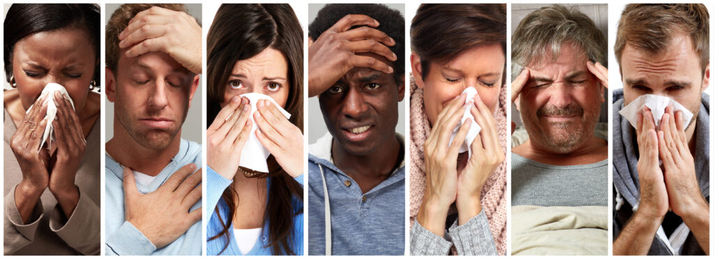 Sick couple catch cold. Man and woman sneezing, coughing. People got flu, having runny nose.